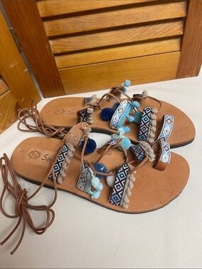 Boho Pom-Pom Lace-Up Sandals in Tan and Blue